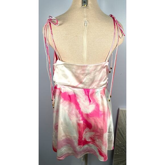 Retrofete Ariella Marbled Cowl Neck Tie Straps Pink and White Mini Dress Sz XXL - Picture 7 of 10
